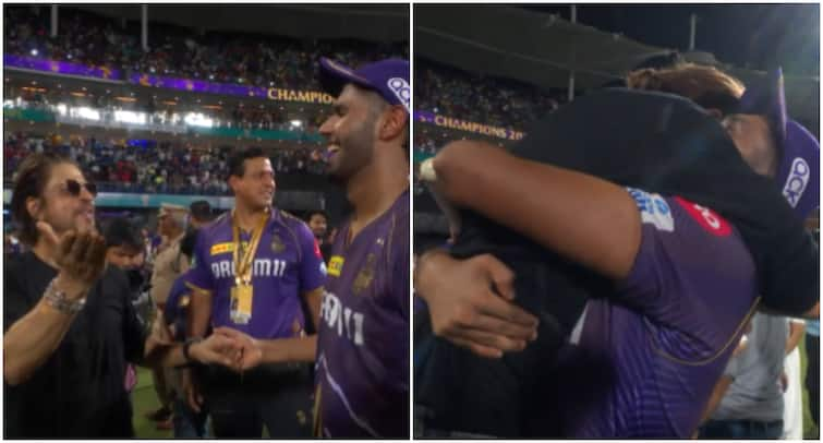 Shah Rukh Khan Asks KKR To do Harshit Rana Flying Kiss During KKR IPL Trophy Celebration Shah Rukh Khan Asks KKR To Imitate Harshit Rana