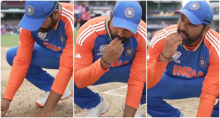 Rohit Sharma Eats Sand From Barbados Pitch After T20 World Cup Final ICC Shares Video Rohit Sharma Eats Sand From Barbados Pitch After T20 World Cup Final, ICC Shares Video - WATCH