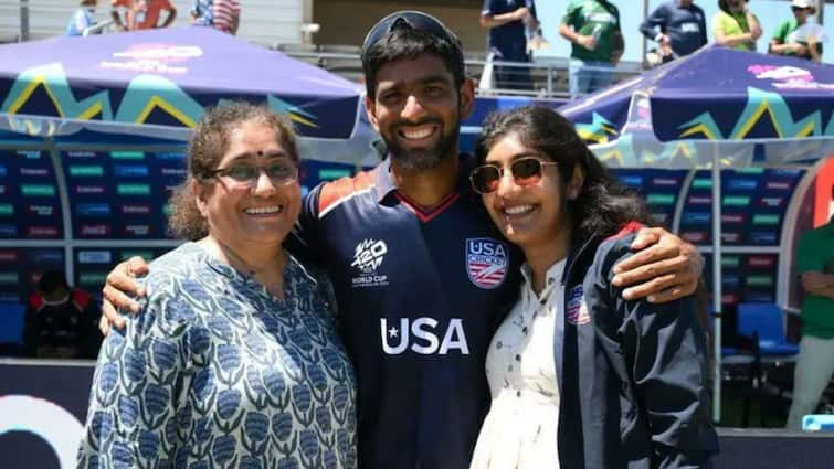 USA Pacer Saurabh Netravalkar Sister Nidhi Supporting India ICC Mens T20 World Cup 2024 USA vs IND USA Pacer Saurabh Netravalkar