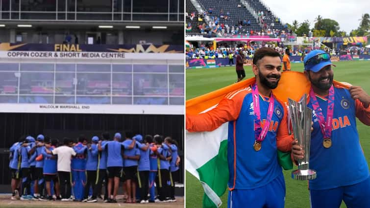 Team India Final Team Huddle In Barbados Stadium T20 World Cup 2024 Final Pictures Rohit Sharma-Led India