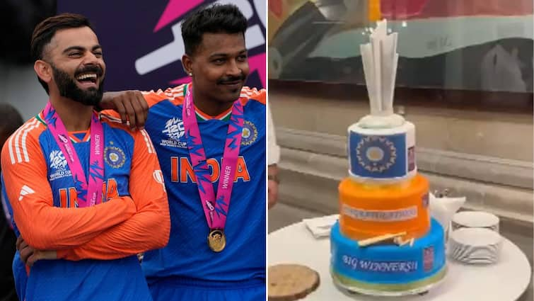 Team India ITC Maurya Hotel T20 Trophy Cake Rohit Sharma Virat Kohli Delhi Arrival ITC Maurya Hotel Crafts Special T20 World Cup Trophy Cake For Team India- WATCH