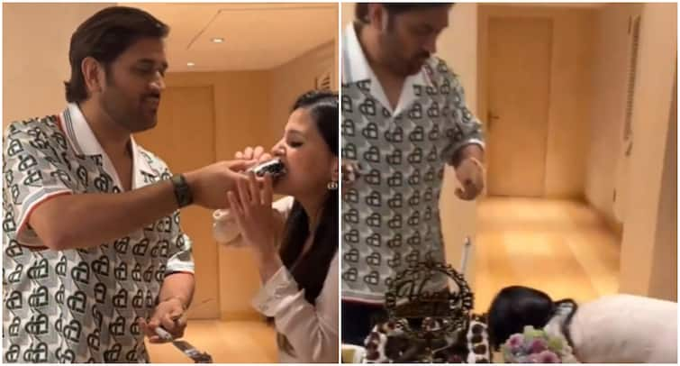 MS Dhoni Birthday Sakshi Dhoni viral video Sakshi touches MS Dhoni feet on Dhoni birthday MS Dhoni