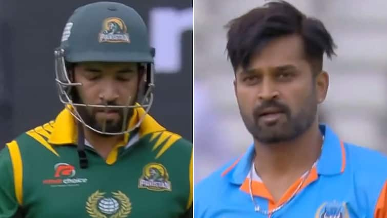 Vinay Kumar Death Stare Sohaib Maqsood India vs Pakistan WCL 2024 Final IND vs PAK Vinay Kumar Gives Death Stare To Sohaib Maqsood In Intense IND vs PAK WCL 2024 Final- WATCH Viral Video