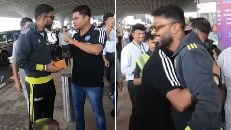 Hardik Pandya Hugs Fan Mumbai Airport Before Flying To Sri Lanka T20I ODI Captaincy Suryakumar Hardik Pandya Exchanges Heartwarming Hug With Fan Before Flying For Sri Lanka Tour- WATCH