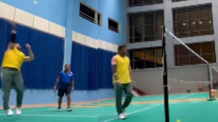 MS Dhoni Playing Badminton Viral Video Fans Comment Send Him To LA 2028 Olympics CSK Chennai Super Kings MS Dhoni Aces Powerful Smash While Playing Badminton; Fans Say Send Him To LA 2028 Olympics 