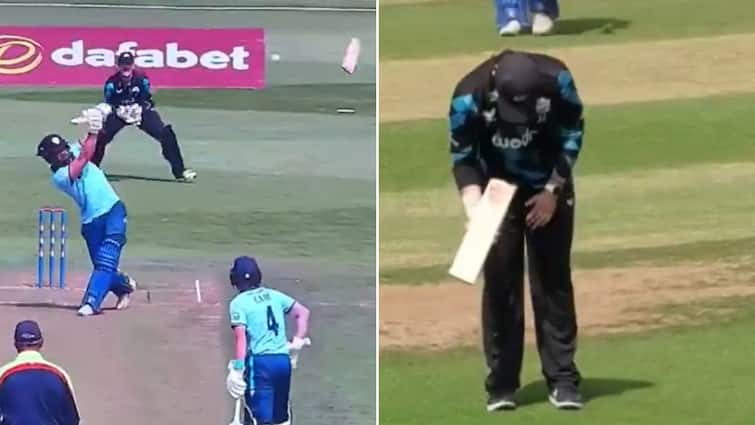 One Day Cup Match Bat Broken In Half Viral Video Comical Dismissal Derbyshire vs Worcestershire Batter