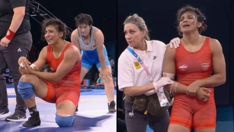 Nisha Dahiya Cries Injury India Wrestling In Paris Olympics 2024 Semis Watch Viral Video  Indian Nisha Dahiya Leaves Wrestling Mat In Tears As Injury Robs Her Off Place In Paris Olympics Semis- WATCH