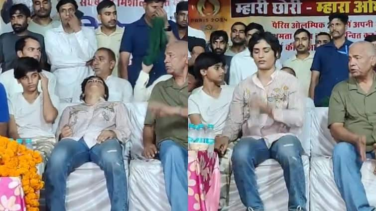 Vinesh Phogat Faints Exhausted Felicitation Ceremony In Balali Village Return From Paris Olympics 2024 Viral Video Vinesh Phogat Seemingly Faints Due To Exhaustion During Her Felicitation Ceremony After Paris Olympics Return 