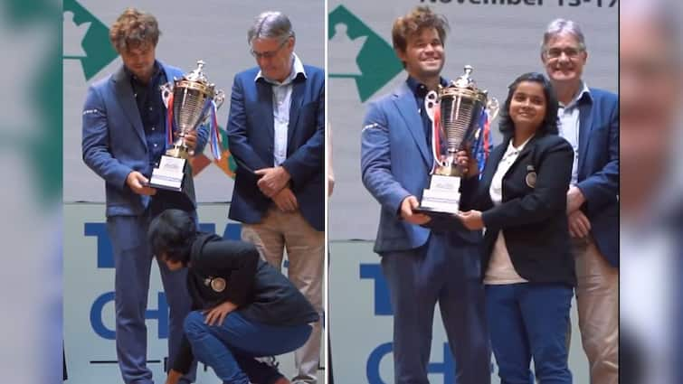 Chess Player Magnus Carlsen Smiling Blushing India Bristy Mukherjee Touches His Feet During Award Ceremony Tata Steel Chess India Magnus Carlsen Left Blushing After India’s Bristy Mukherjee Touches His Feet During Award Ceremony 