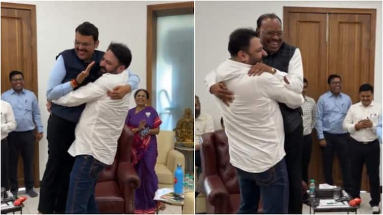 BJP Leader Lifts Fadnavis Bawankule In Celebration After Massive Win For Mahayuti In Maharashtra video BJP Leader Lifts Fadnavis, Bawankule In Celebration After Massive Win For Mahayuti In Maharashtra: WATCH