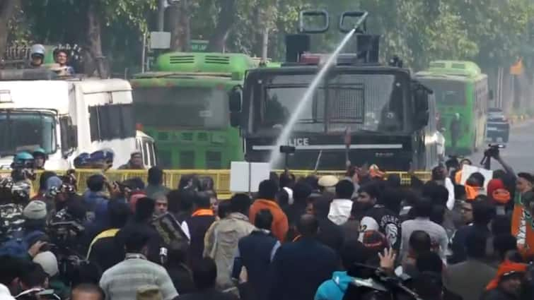 Delhi Elections 2025 BJP Protest Outside Arvind Kejriwal Residence Over Purvanchali Voters Remark Cops Use Water Cannon To Disperse BJP Workers Protesting Kejriwal