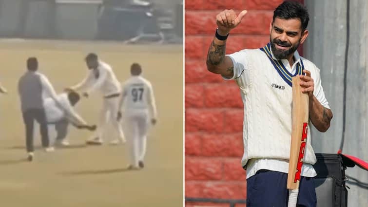 Delhi vs Railways Ranji Trophy Match Fan Breaches Security To Touch Virat Kohli Feet Arun Jaitely Stadium Feroz Shah Kotla Virat Kohli’s Star Power On Full Display As Fan Breaches Security To Touch His Feet In Delhi vs Railways Ranji Match 