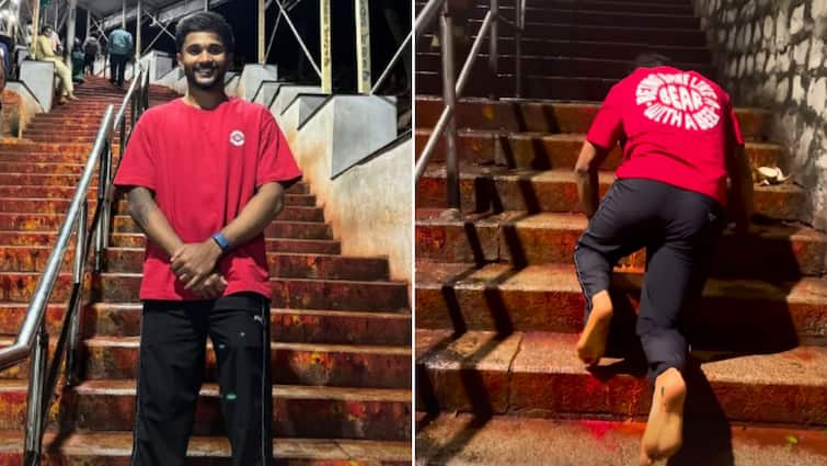 Nitish Kumar Reddy Climbs Tirupati Temple Stairs On Knees To Seek Blessings Sri Venkateswara After Dream Debut In Australia Watch Video Nitish Kumar Reddy Climbs Tirupati Temple Stairs On Knees To Seek Blessings After Dream Debut In Australia 