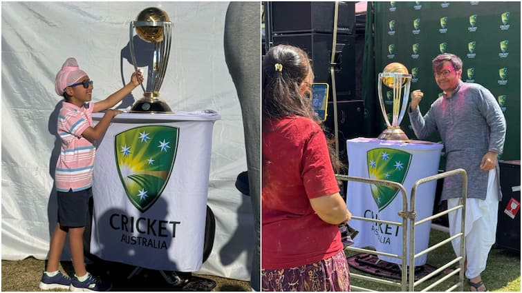 cricket australia extends holi wishes indian festival fans pose alongside world cup 2023 trophy melbourne Fans Pose Alongside The World Cup Trophy As Cricket Australia Extends 