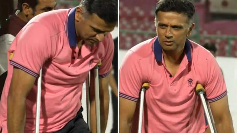 Rahul Dravid Leg Injury Joins Rajasthan Royals RR IPL 2025 Pre Season Camp On Crutches Video Watch Injured But Unstoppable: Rahul Dravid Joins RR IPL 2025 Pre-Season Camp On Crutches — WATCH