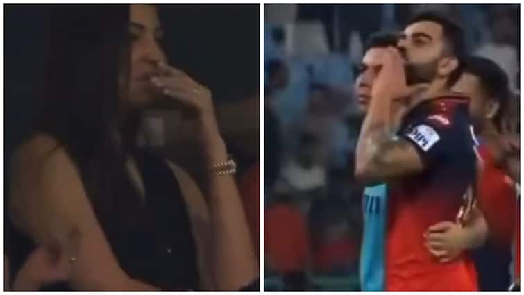 Anushka Sharma Cheers On Virat Kohli With Flying Kisses After RCB’s Big Win Over LSG WATCH Video Anushka Sharma Cheers On Virat Kohli With Flying Kisses After RCB’s Big Win Over LSG; WATCH